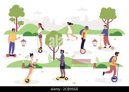 Persone nell'illustrazione vettoriale del parco. Cartoon uomo piatto donna hipster guida moderno elettrico segway, kick scooter giroscopio o hoverboard con tazza di caffè, sano sport attività all'aperto isolato su bianco Illustrazione Vettoriale