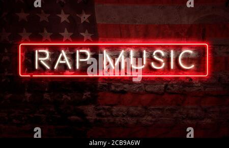 Rap Music Pop Art Word Neon Sigh con bandiera americana Grunge Brick Graffiti Wall Foto Stock