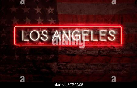Los Angeles City Pop Art Neon Sign on Brick Wall Con bandiera americana Foto Stock