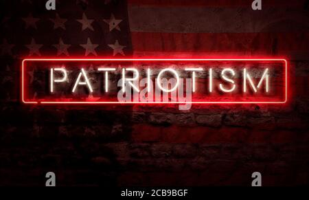 Patriottismo Word Pop Art su Grunge Brick Wall illuminato Cartello al neon Foto Stock