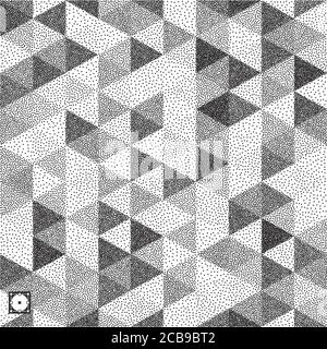 Sfondo di triangoli geometrici. Mosaico. Design nero e bianco granulare. Modello di puntilismo. Illustrazione vettoriale con stipper. Illustrazione Vettoriale
