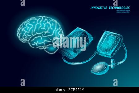Tonometro medicale elettronico 3D a basso contenuto di poli per la misurazione della pressione sanguigna. Analisi del controllo cerebrale dell'assistenza sanitaria medica. Vettore del farmaco del test di controllo Illustrazione Vettoriale