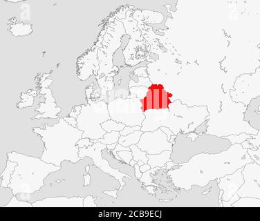 Bielorussia sulla mappa dell'Europa. Paese di colore rosso. Sfondo bianco e nero Foto Stock