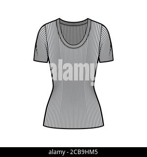 Maglione a maglia con manico a coste, illustrazione tecnica della moda con maniche a coste corte, lunghezza tunica. Modello di abbigliamento da outwear piatto, colore grigio. Donna, uomo, maglia unisex top mockup CAD Illustrazione Vettoriale