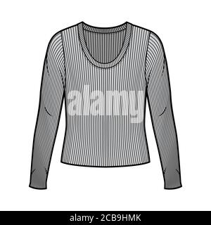 Maglione a maglia con manico a coste, illustrazione tecnica della moda a maniche lunghe, corpo oversize. Modello di outwear piatto di colore grigio anteriore. Donna uomo maglia unisex top mockup CAD Illustrazione Vettoriale