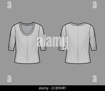 Maglione a maglia con collo a coste illustrazione tecnica della moda con maniche a gomito, corpo oversize. Modello di outwear piatto davanti, colore bianco posteriore. Donna, uomo maglia unisex top mockup CAD Illustrazione Vettoriale