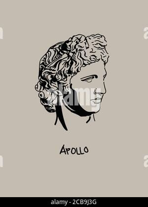 Apollo Vector Art Ritratto moderno e minimalista. Disegno ombra di Dio greco Illustrazione Vettoriale