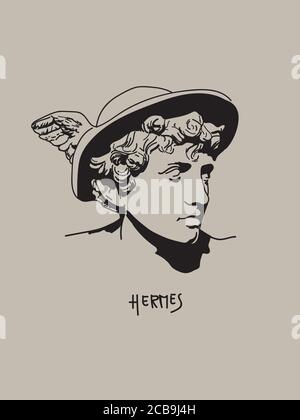 Ritratto d'arte vettoriale Hermes moderno e minimalista. Disegno ombra di Dio greco Illustrazione Vettoriale