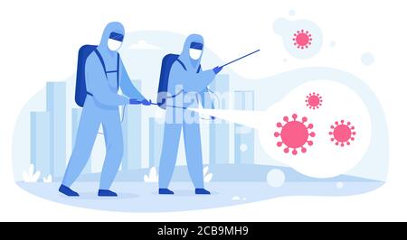 Scienziati in Hazmat tute sanificazione, pulizia e disinfezione delle strade della città dal virus Corona Covid-19. Epidemia coronavirus pandemia concetto flat vettore illustrazione. Illustrazione Vettoriale