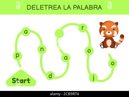 Deletrea la palabra - Scrivi la parola. Labirinto per bambini. Modello di gioco per parole di ortografia. Impara a leggere la parola panda rosso. Pagina delle attività per lo studio dello spagnolo Illustrazione Vettoriale