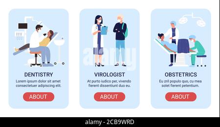 Set di banner con illustrazione vettoriale del reparto ospedaliero. App mobile Cartoon flat per il sito web della medicina, schermo di interfaccia con medico virologo, odontoiatria dentistica, ostetricia medica Illustrazione Vettoriale