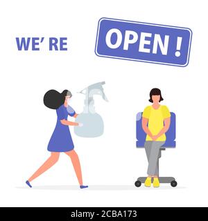 Illustrazione vettoriale riapertura di parrucchieri, salone termale dopo la quarantena COVID-19, coronavirus pandemic segno Siamo aperti tenere distanza Social distanci Illustrazione Vettoriale