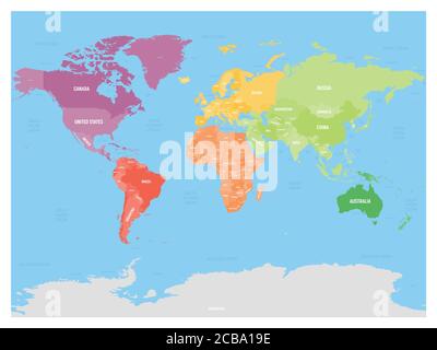 Mappa politica colorata del mondo divisa in sei continenti su sfondo blu. Con paesi, capitali, mari e oceani etichette. Illustrazione vettoriale. Illustrazione Vettoriale