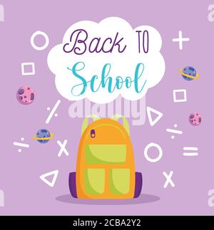 torna a scuola, backpack aritmetica forme matematiche e segni elementare educazione cartoon illustrazione vettoriale Illustrazione Vettoriale
