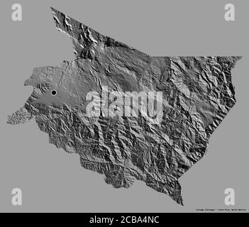 Forma di Cartago, provincia della Costa Rica, con la sua capitale isolata su uno sfondo a tinta unita. Mappa elevazione bilivello. Rendering 3D Foto Stock