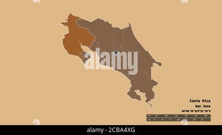Forma desaturata della Costa Rica con la sua capitale, la principale divisione regionale e la zona separata Guanacaste. Etichette. Composizione di texture con motivi. Foto Stock
