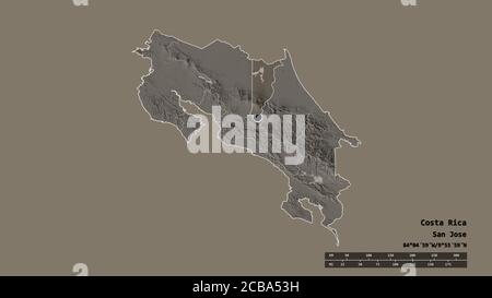 Forma desaturata della Costa Rica con la sua capitale, la principale divisione regionale e la separata area eredia. Etichette. Mappa di elevazione colorata. Rendering 3D Foto Stock