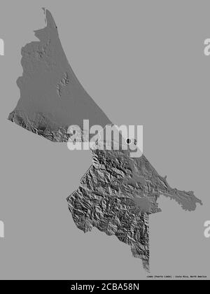 Forma di Limón, provincia della Costa Rica, con la sua capitale isolata su uno sfondo a tinta unita. Mappa elevazione bilivello. Rendering 3D Foto Stock