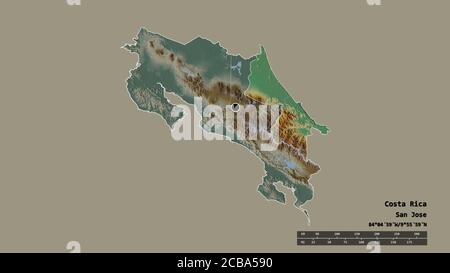 La forma desaturata della Costa Rica con la sua capitale, la principale divisione regionale e l'area separata di Limón. Etichette. Mappa di rilievo topografico. Rendering 3D Foto Stock