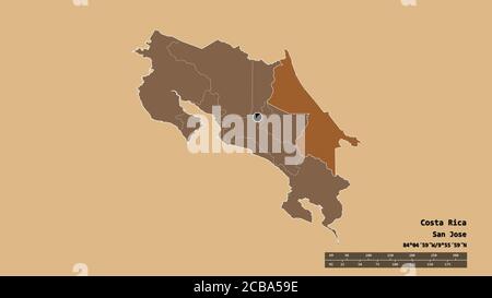 La forma desaturata della Costa Rica con la sua capitale, la principale divisione regionale e l'area separata di Limón. Etichette. Composizione di texture con motivi. 3D r Foto Stock