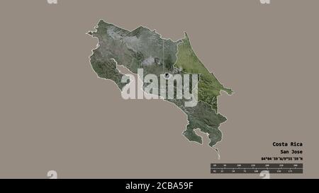 La forma desaturata della Costa Rica con la sua capitale, la principale divisione regionale e l'area separata di Limón. Etichette. Immagini satellitari. Rendering 3D Foto Stock