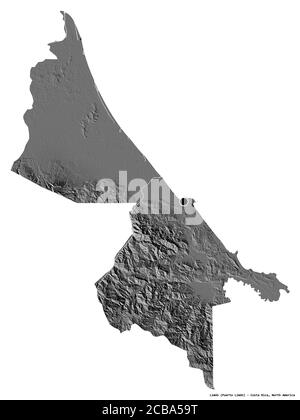 Forma di Limón, provincia della Costa Rica, con la sua capitale isolata su sfondo bianco. Mappa elevazione bilivello. Rendering 3D Foto Stock