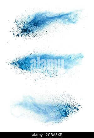 Abstract polvere blu esplosione isolati su sfondo bianco. Alta risoluzione texture Foto Stock