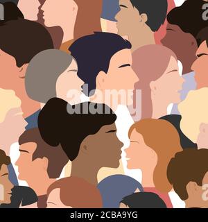 Modello senza cuciture di teste di profili di persone diverse. Esseri umani di sesso, etnia e colore diversi. Sfondo vettoriale Illustrazione Vettoriale