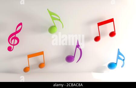 Rappresentazione 3D di note musicali colorate su un bianco sfondo Foto Stock