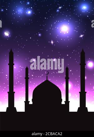 Illustrazione vettoriale della sagoma della moschea sullo sfondo stellato per biglietti di auguri, inviti e il tuo disegno Illustrazione Vettoriale