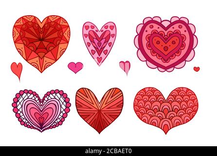 Set di cuori di doodle rosso e rosa decorati motivi boho per la tua creatività Illustrazione Vettoriale