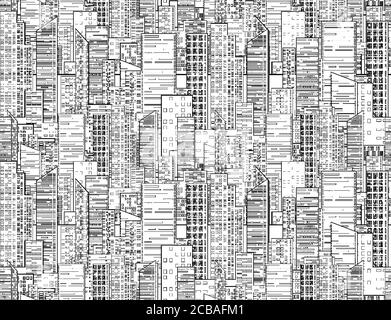 Texture bianca e nera senza cuciture con contorni della città grattacieli e case per sfondi e il tuo design Illustrazione Vettoriale