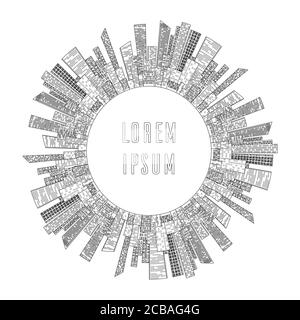 Illustrazione vettoriale cornice rotonda di contorni di grattacieli e luogo per il testo. Elemento per infografiche, brochure e il tuo design Illustrazione Vettoriale