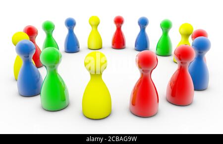 Rendering 3D di figure di gioco rosse, gialle, blu e verdi in un cerchio isolato su uno sfondo bianco Foto Stock