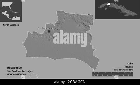 Forma di Mayabeque, provincia di Cuba, e la sua capitale. Scala della distanza, anteprime ed etichette. Mappa elevazione bilivello. Rendering 3D Foto Stock