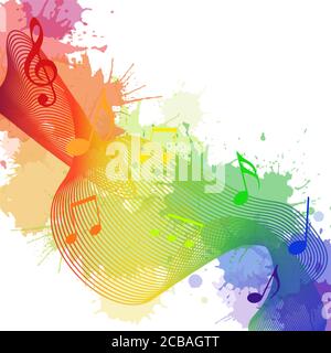 Illustrazione con note musicali arcobaleno, onde e spruzzi di acquerello per la tua creatività Illustrazione Vettoriale