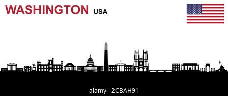 Illustrazione nera digitale dello skyline della città di Washington e degli americani bandiera su sfondo bianco Foto Stock