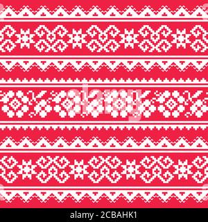 Ucraino e bielorusso folk art vettore marinai modello - ispirato Da retro Slavic cross-stitch disegni in bianco su sfondo rosso Illustrazione Vettoriale