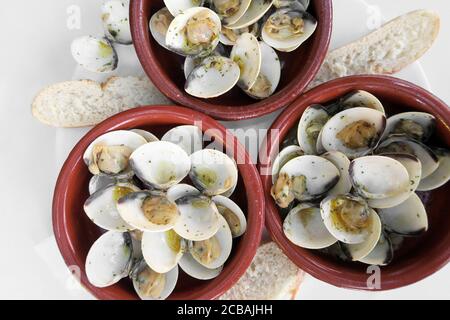 Tapa di vongole fresche cotte con erbe e aglio Foto Stock