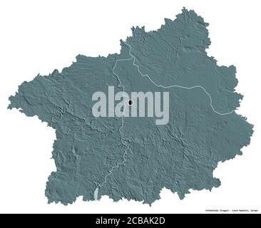 Forma di Středočeský, regione della Repubblica Ceca, con la sua capitale isolata su sfondo bianco. Mappa di elevazione colorata. Rendering 3D Foto Stock