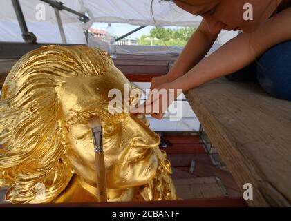 Dresda, Germania. 12 agosto 2020. Anna-Maria Schuch-Baensch, restauratrice della società Fuchs und Girke, sta lavorando alla nuova doratura durante il restauro del Golden Rider. La statua equestre più grande della vita dell'Elettore sassone Agosto il forte (1670-1733), l'Orsemano d'Oro, dal 18 ° secolo riceverà un trattamento di bellezza di 30,000 euro entro la fine di settembre. Questo riparerà i danni lasciati dietro da uccelli, vento, polvere, acqua piovana e le temperature e l'attacco con un liquido caustico nel 2017. Credit: Robert Michael/dpa-Zentralbild/dpa/Alamy Live News Foto Stock