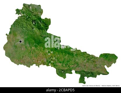 Forma di Duarte, provincia della Repubblica Dominicana, con la sua capitale isolata su sfondo bianco. Immagini satellitari. Rendering 3D Foto Stock