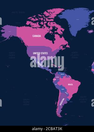 Mappa delle Americhe. Mappa politica dettagliata del continente nordamericano e sudamericano con l'etichettatura dei nomi di paesi, capitali, oceani e mari. Illustrazione Vettoriale