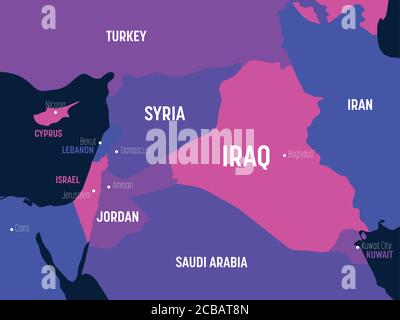 Mappa del Medio Oriente. Mappa politica dettagliata del Medio Oriente e della regione della Penisola arabica con l'etichettatura dei nomi di paesi, capitali, oceani e mari. Illustrazione Vettoriale