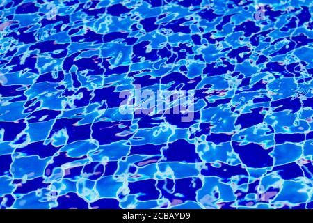 Sfondo astratto da piscina piastrellata blu con acqua limpida increspata Foto Stock