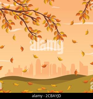 Autunno paesaggio città parco sfondo. Autunno caduta, illustrazione vettoriale. Illustrazione Vettoriale