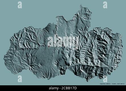 Forma di Tungurahua, provincia dell'Ecuador, con la sua capitale isolata su uno sfondo di colore pieno. Mappa di elevazione colorata. Rendering 3D Foto Stock