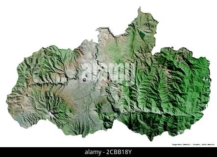Forma di Tungurahua, provincia dell'Ecuador, con la sua capitale isolata su sfondo bianco. Immagini satellitari. Rendering 3D Foto Stock