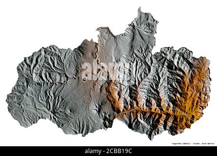 Forma di Tungurahua, provincia dell'Ecuador, con la sua capitale isolata su sfondo bianco. Mappa di rilievo topografico. Rendering 3D Foto Stock