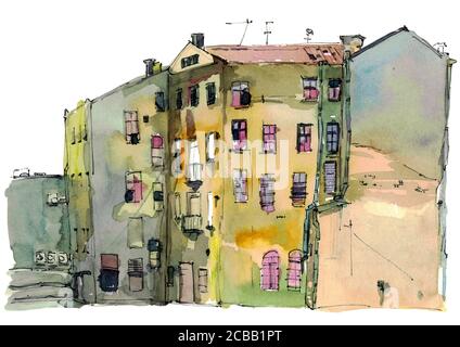 Vecchia casa acquerello mano disegnata illustrazione isolato. Pittura domestica persa. Finestre e pareti di colore diverso. Firewall su edificio. Architettura retrò Foto Stock